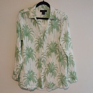 Tahari Green and White Palm Tree Print 100% Linen Button Down Shirt